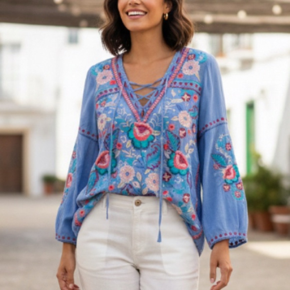 Johnny Was Oman Laceup Swing Blouse Embroidered Blue v neck small Top - Picture 6 of 13